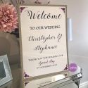 wedding invite champagne glitter,  purple welcome sign